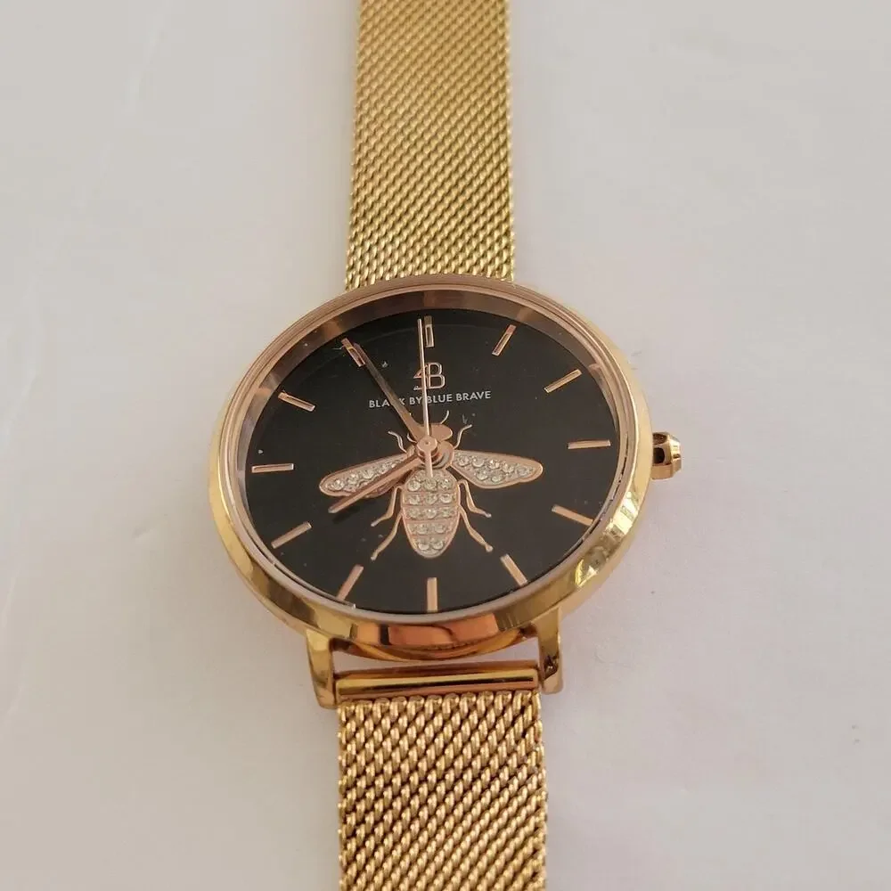 BLACK BY BLUE BRAVE Womens Watch Black Dial Gold Case Mesh Band Quartz